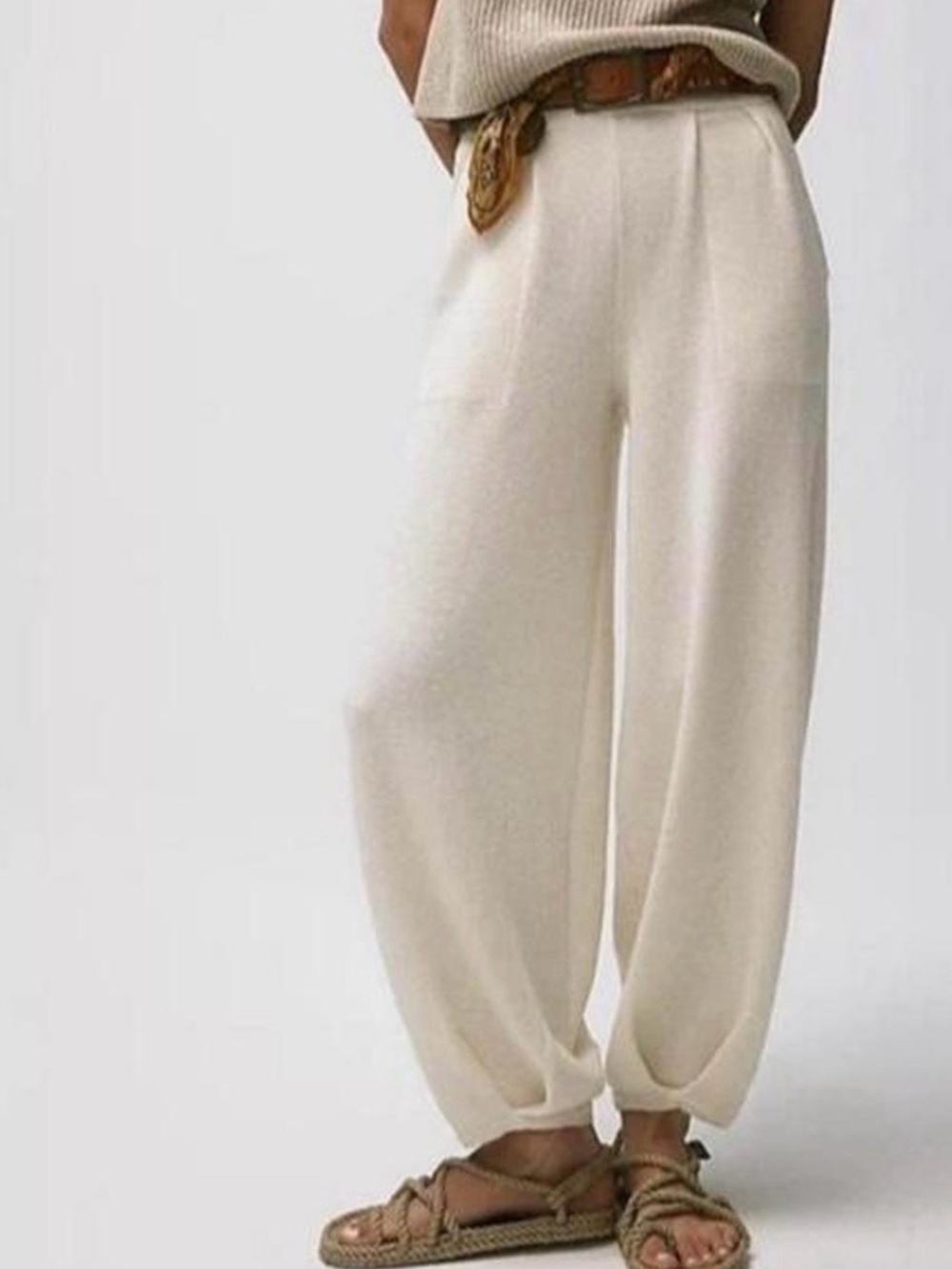 Free People FP Beach Freya Knit Balloon Pants Ivory Cream Pleated Barrel Large L
